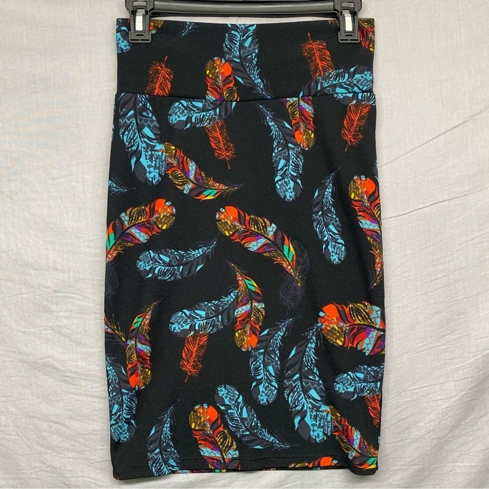 Lularoe Pencil Skirt Colorful Feathers Black Women Size | XS